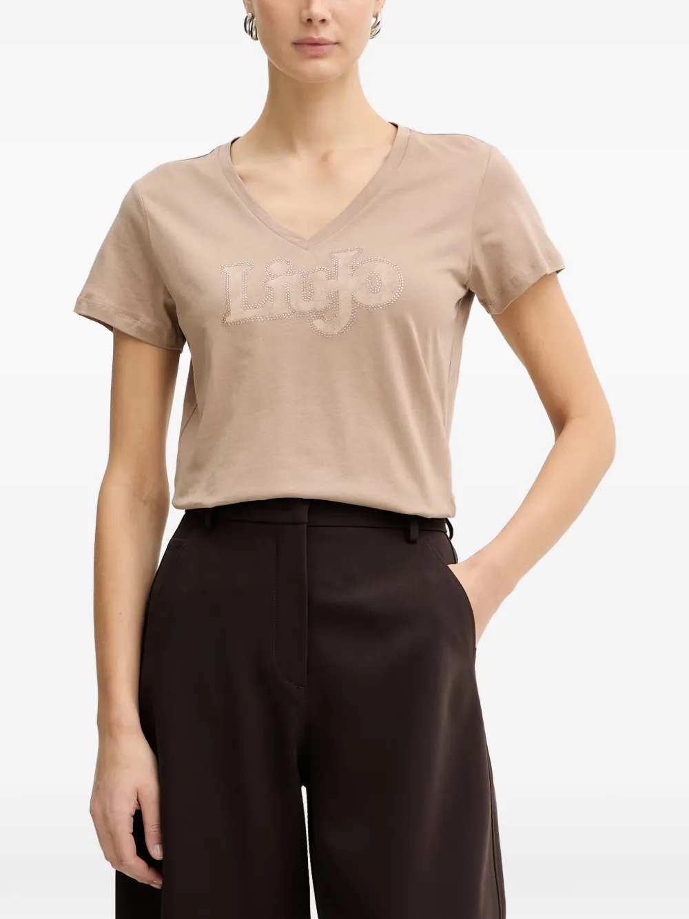 LIU JO V-neck logo-print T-shirt Beige