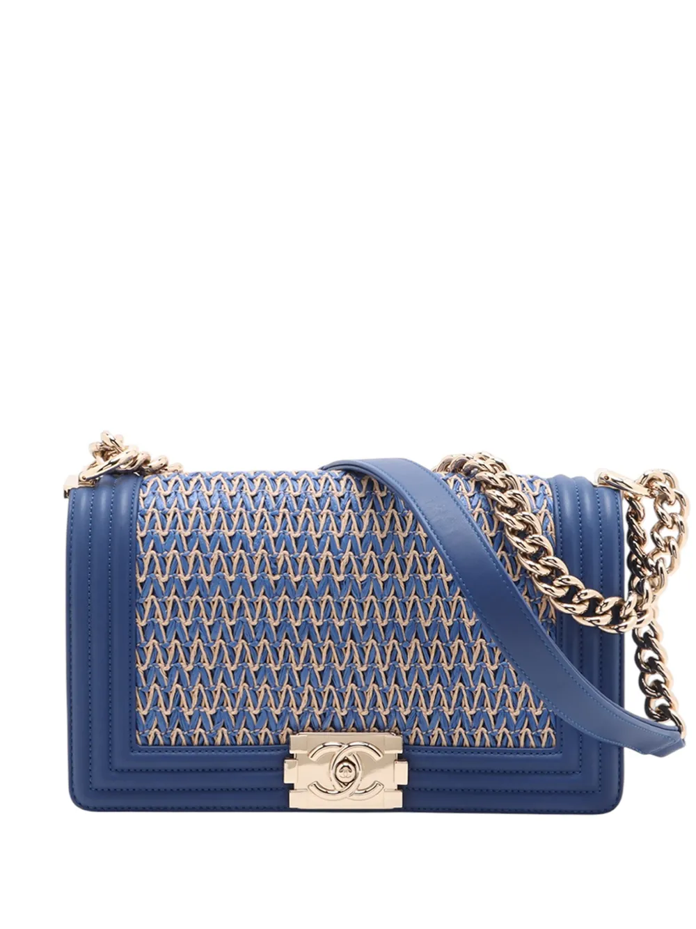 CHANEL Pre-Owned 2019 Old Medium Lambskin and Woven Raffia Boy Flap shoulder bag - Blu