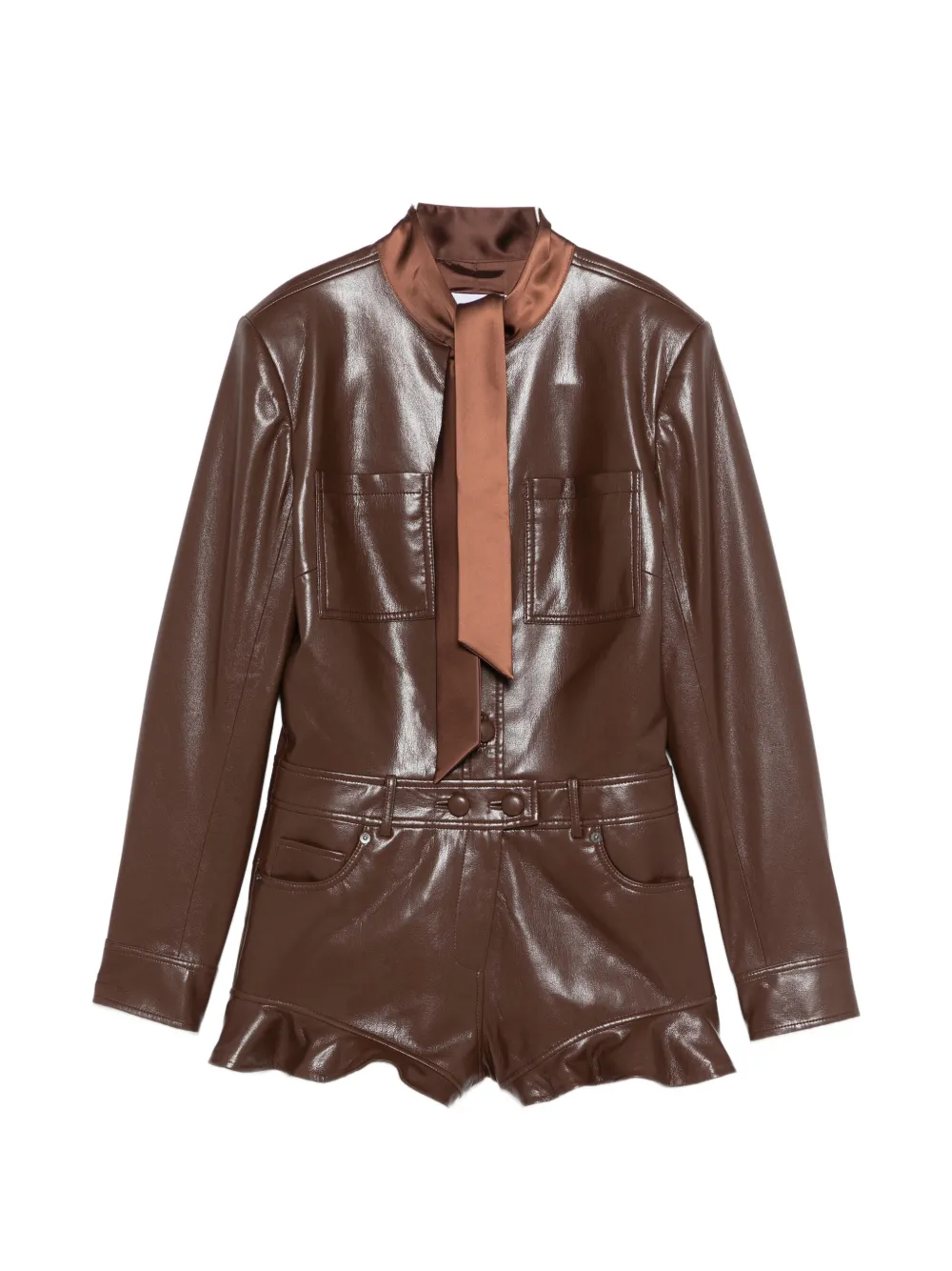 Self-Portrait ruffle tie playsuit - Marrone