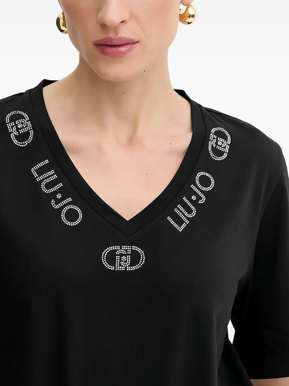 LIU JO Verfraaid T-shirt met V-hals Zwart