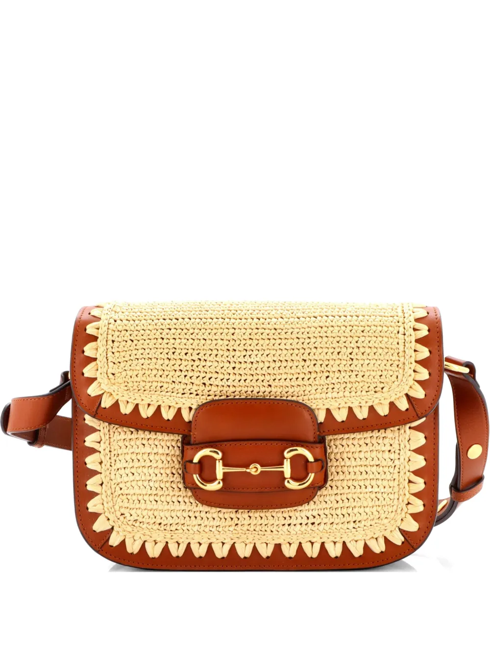 Gucci Pre-Owned Borsa a spalla Horsebit 1955 piccola effetto rafia con finiture in pelle - Marrone