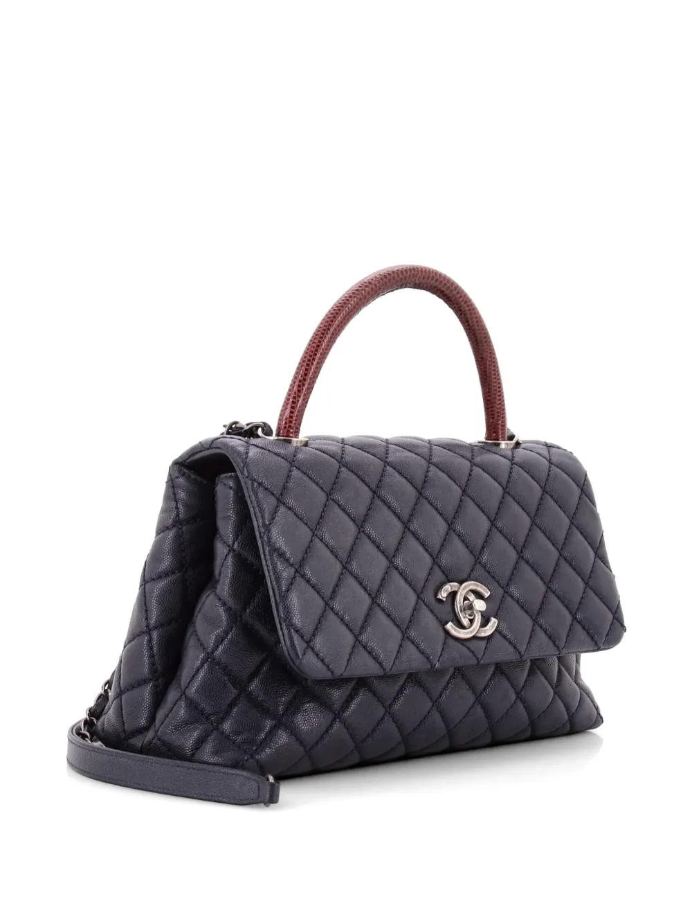 Pre-owned Chanel Coco Top Handle Bag Quilted Caviar With Lizard Small Satchel In Blue