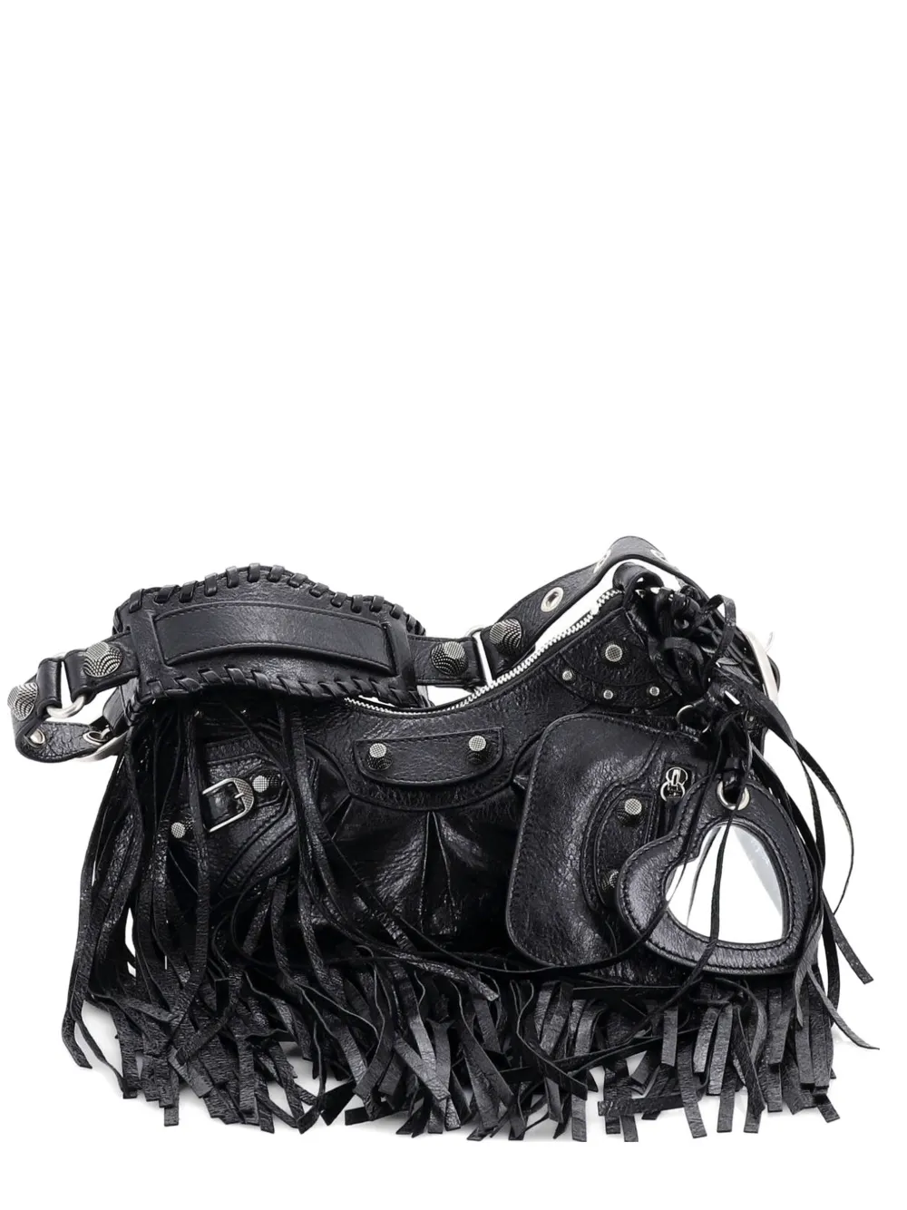 Balenciaga Pre-Owned Le Cagole Giant Studs Fringe Shoulder Bag Leather XS hobo bag - Black