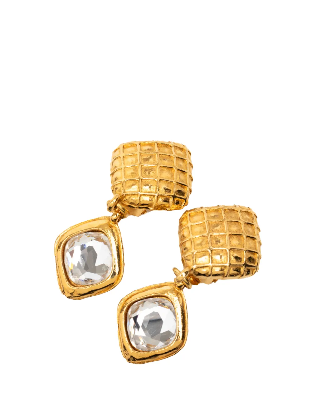  Chanel Pre-owned 1970-1980 Quilted Gold Plated Rhinestone Diamond Shape Drop Clip On Earrings Costume Earrings 