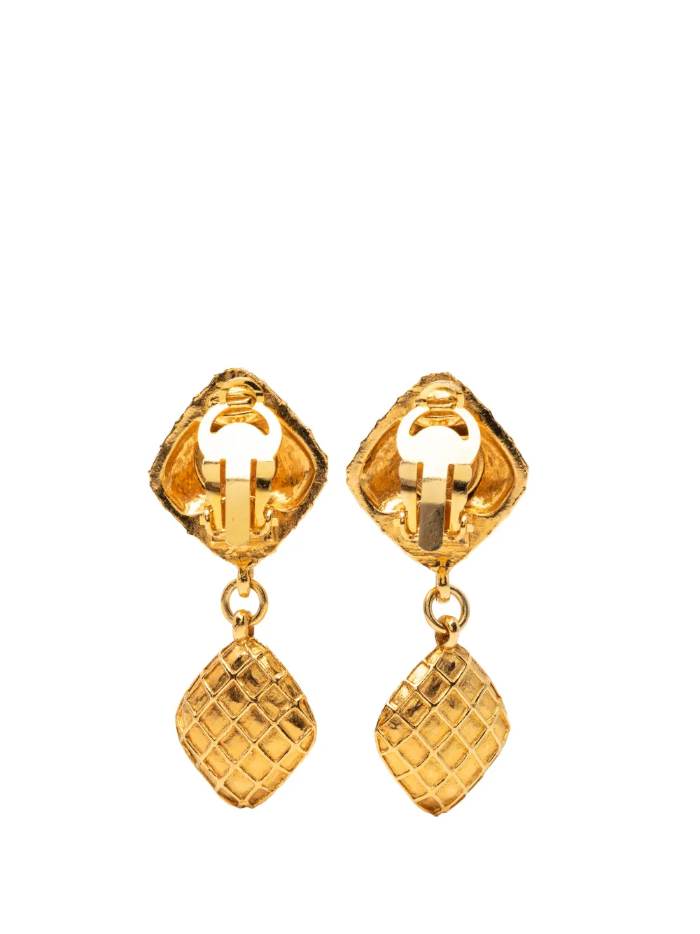  Chanel Pre-owned 1970-1980 Quilted Gold Plated Rhinestone Diamond Shape Drop Clip On Earrings Costume Earrings 