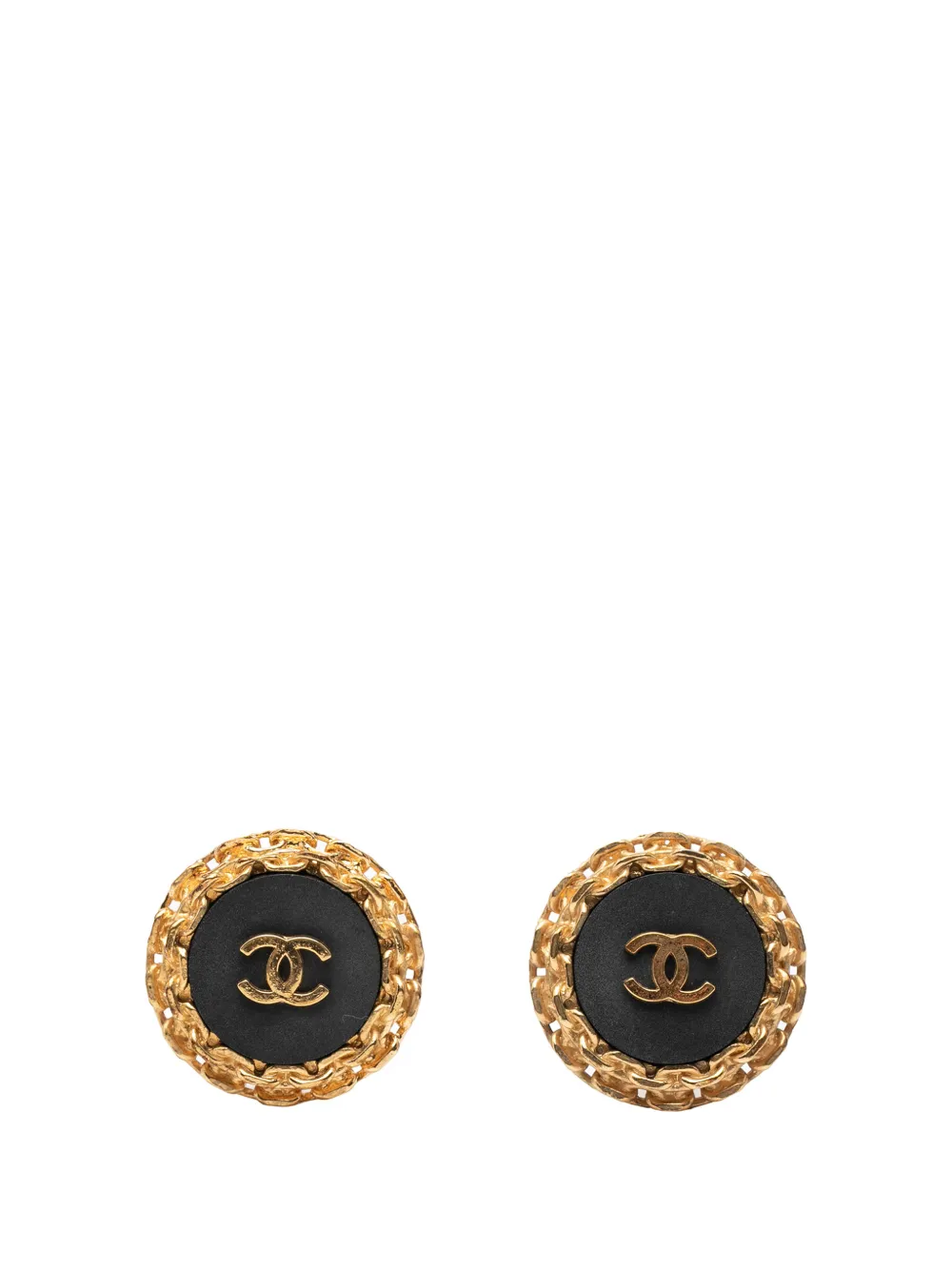 CHANEL Pre-Owned 1980-1990 CC Gold Plated and Acrylic Round Clip On Earrings costume earrings - Nero