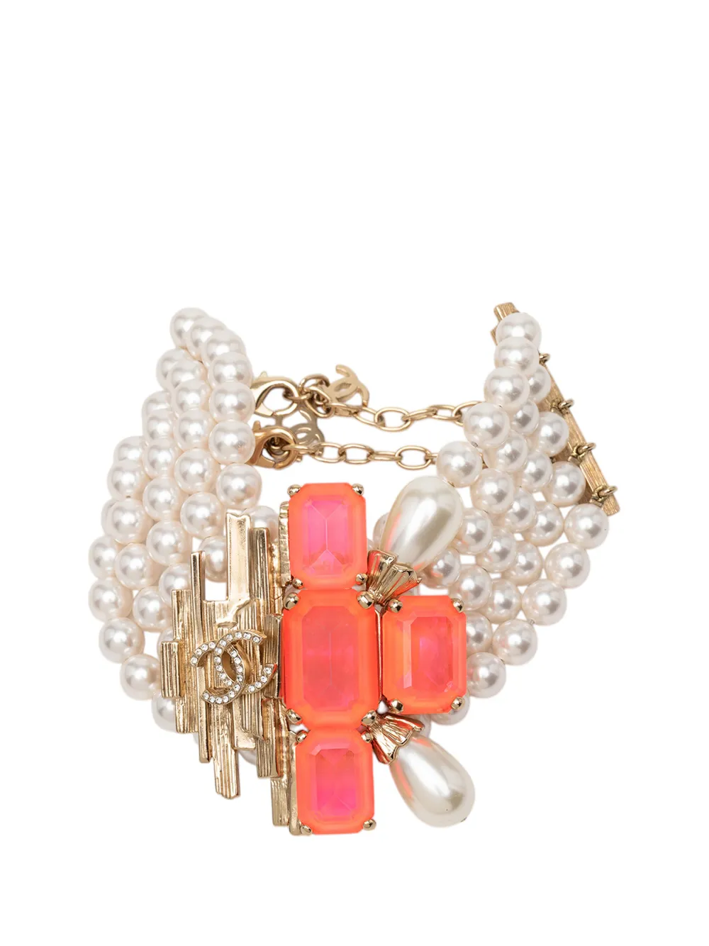 CHANEL Pre-Owned 2021 CC Gold Plated Rhinestone Resin Faux Pearl Multi Strand Bracelet costume bracelet - Oro