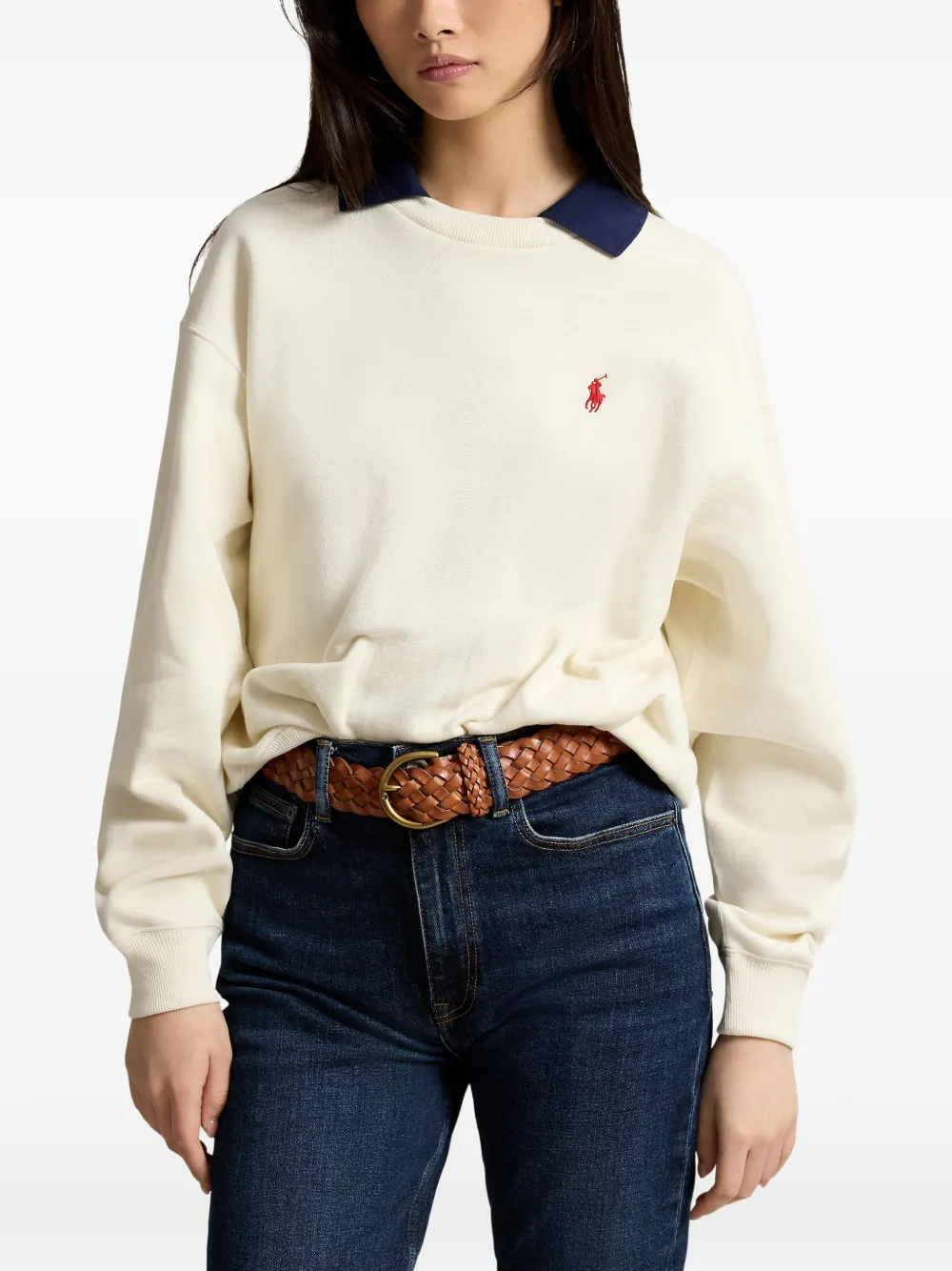 Polo Ralph Lauren Fleece sweater met ronde hals en polokraag Wit