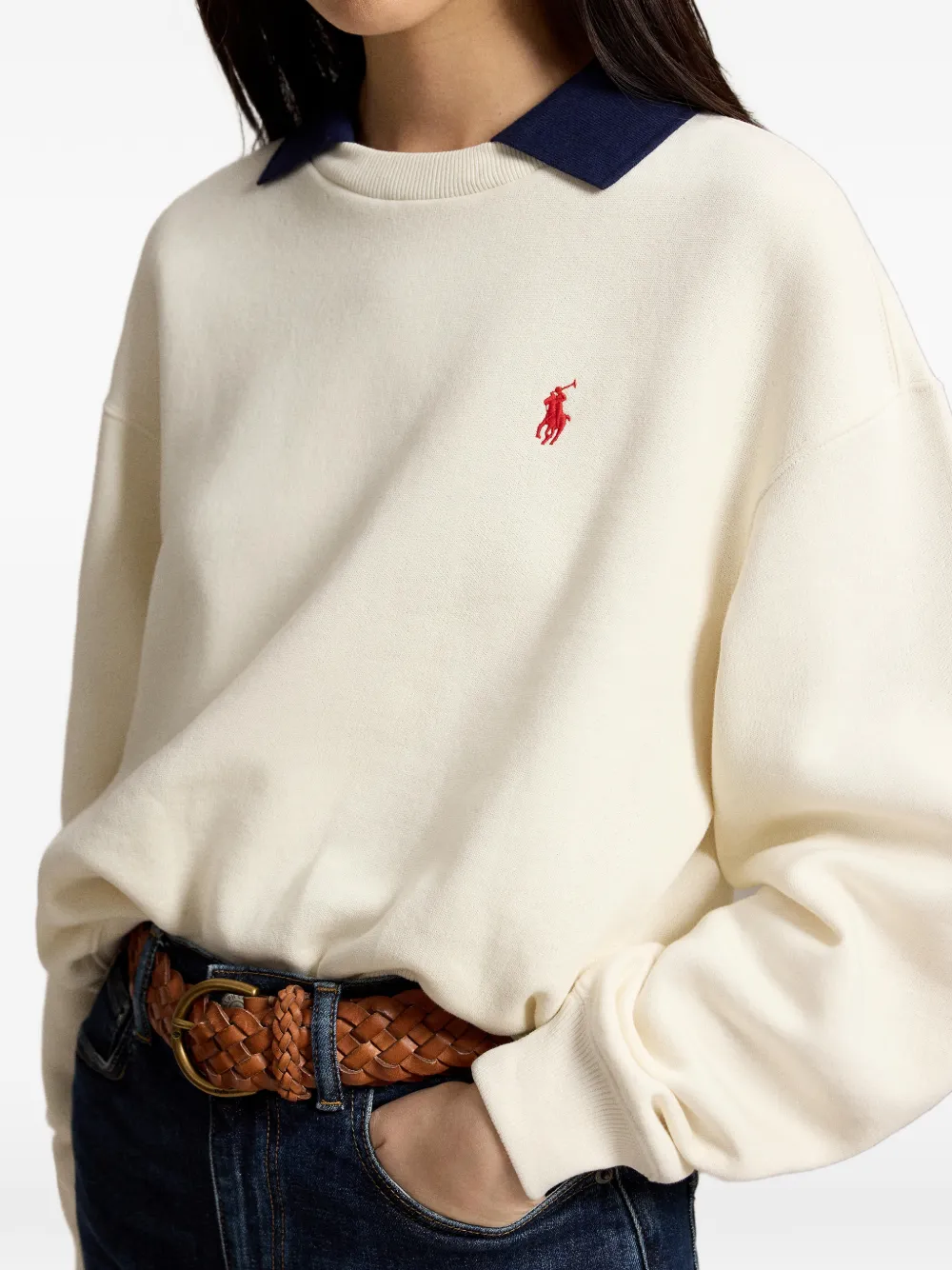 Polo Ralph Lauren Fleece sweater met ronde hals en polokraag Wit