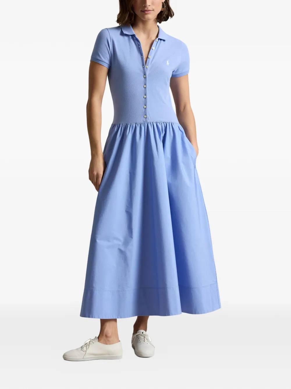 Polo Ralph Lauren Popeline maxi-jurk met mesh Blauw