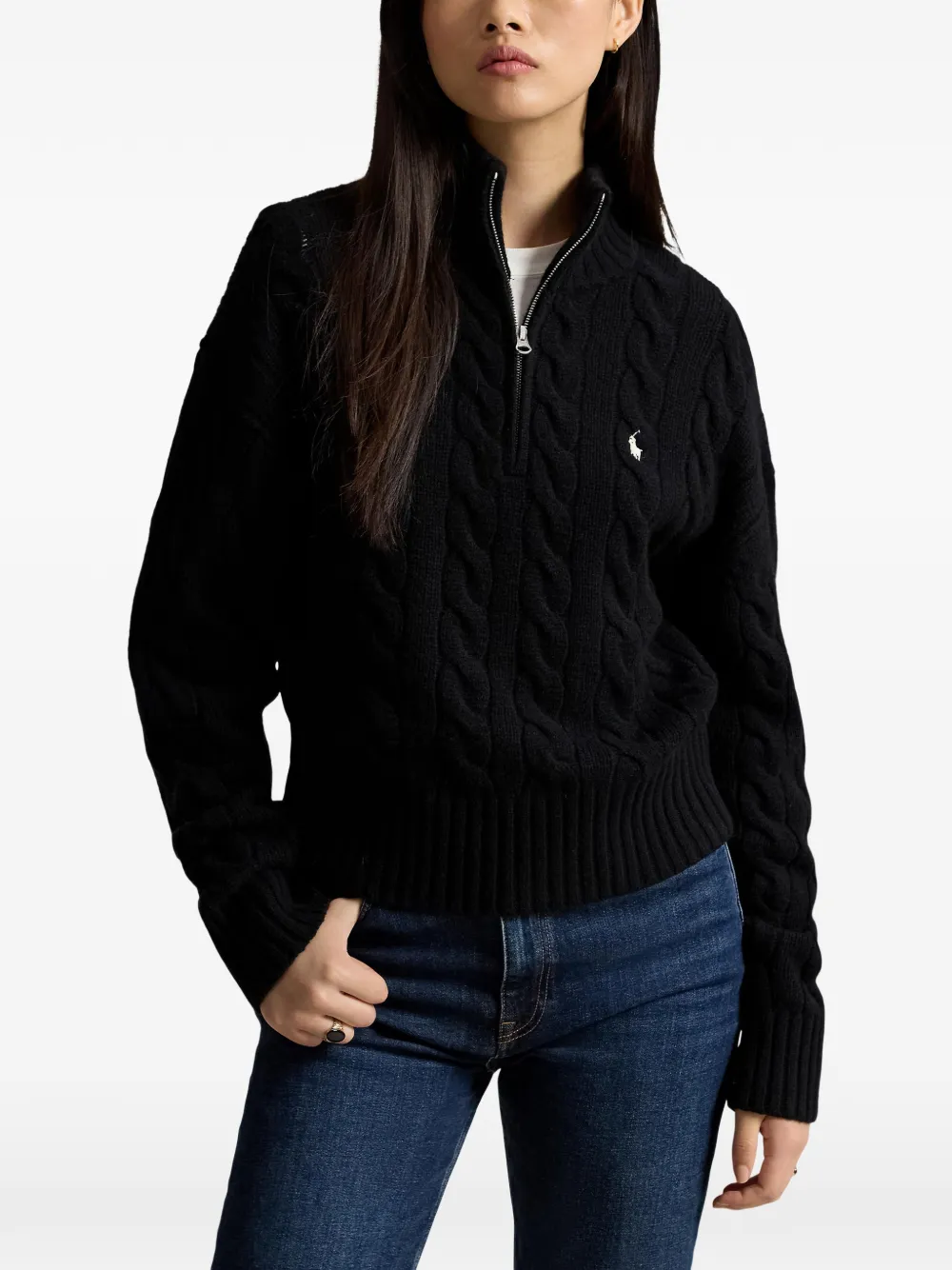 Polo Ralph Lauren Kabelgebreide trui van wol-kasjmier met halve rits Zwart