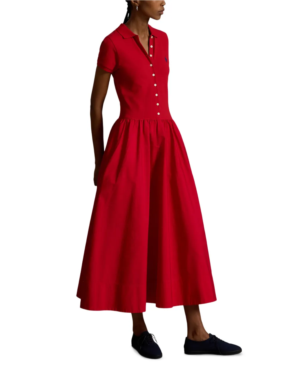 Polo Ralph Lauren Katoenen midi-jurk met polokraag en knoopdetail Rood