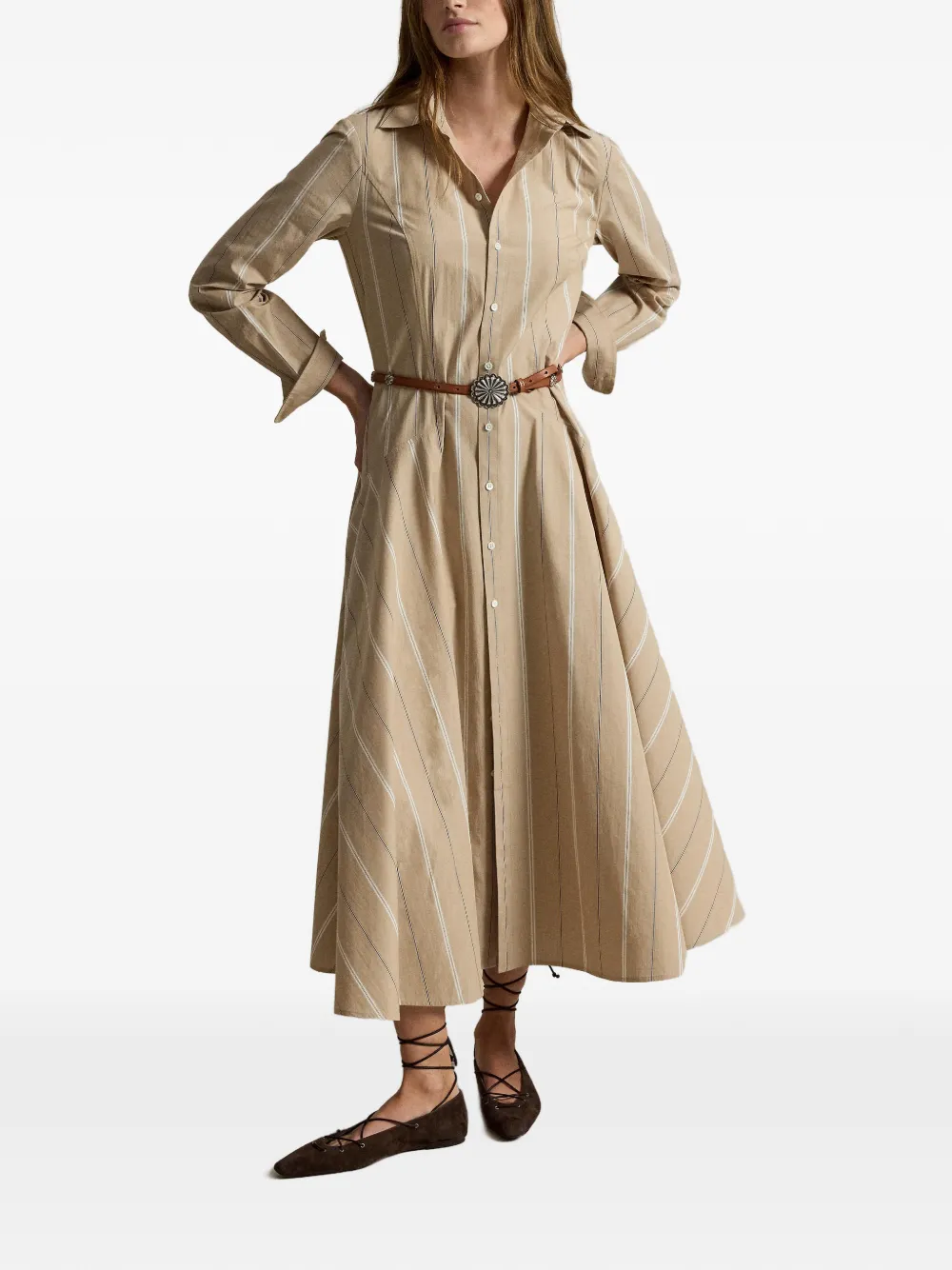 Polo Ralph Lauren Gestreepte blousejurk met katoenen vlakken Beige