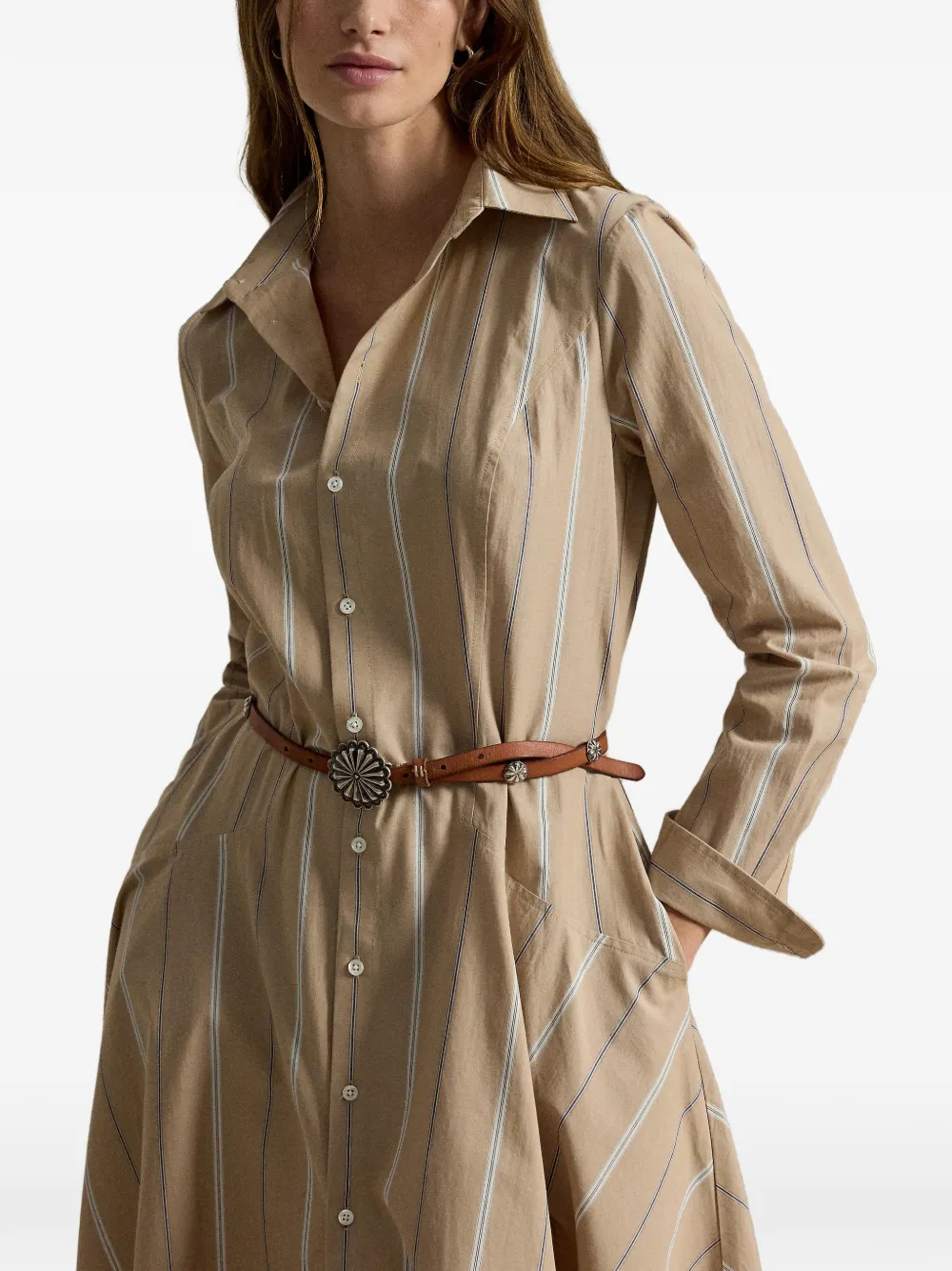 Polo Ralph Lauren Gestreepte blousejurk met katoenen vlakken Beige