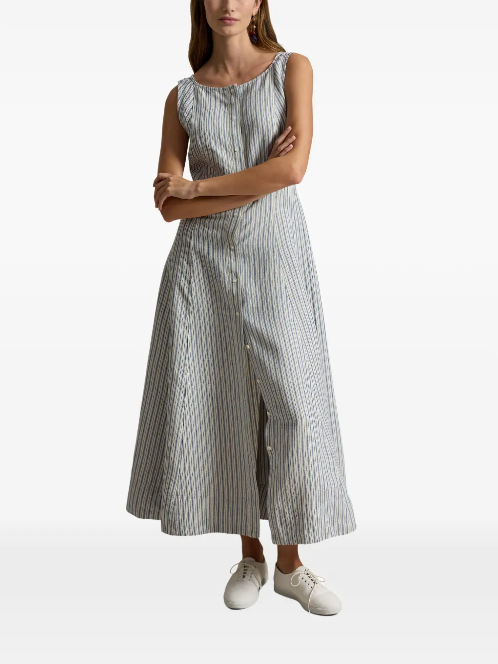 Polo Ralph Lauren Linnen gestreepte jurk met vlakken Beige