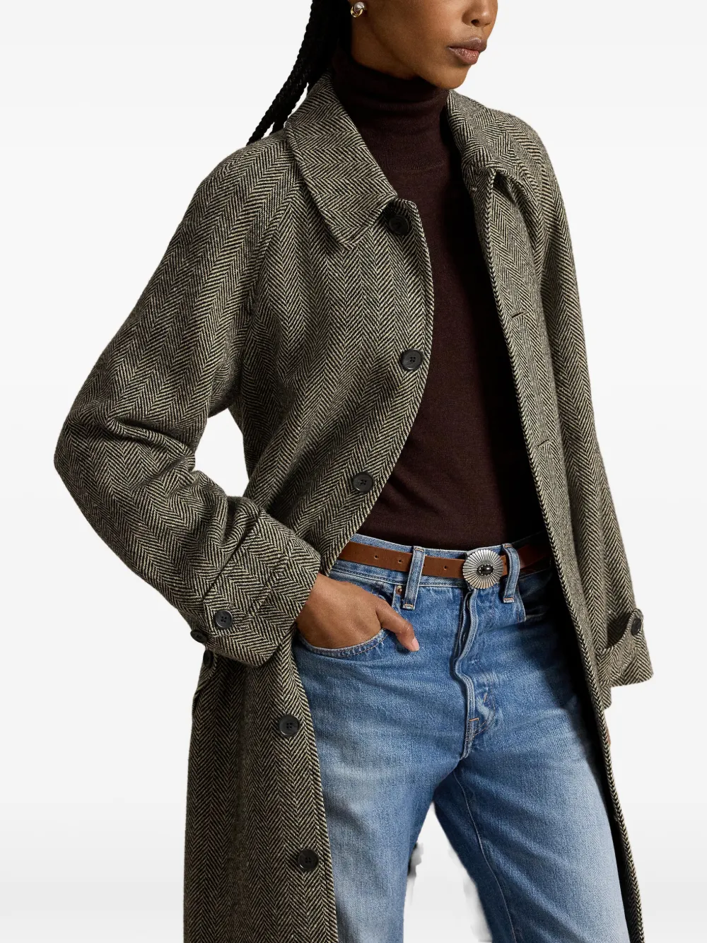 Polo Ralph Lauren Jas met visgraatpatroon en ceintuur Zwart