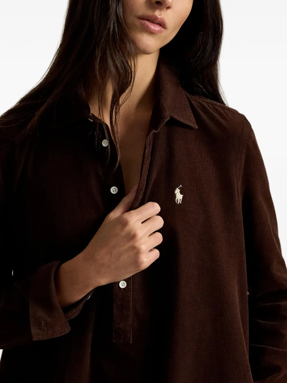 Polo Ralph Lauren Ribfluwelen jurk met lange mouwen Bruin