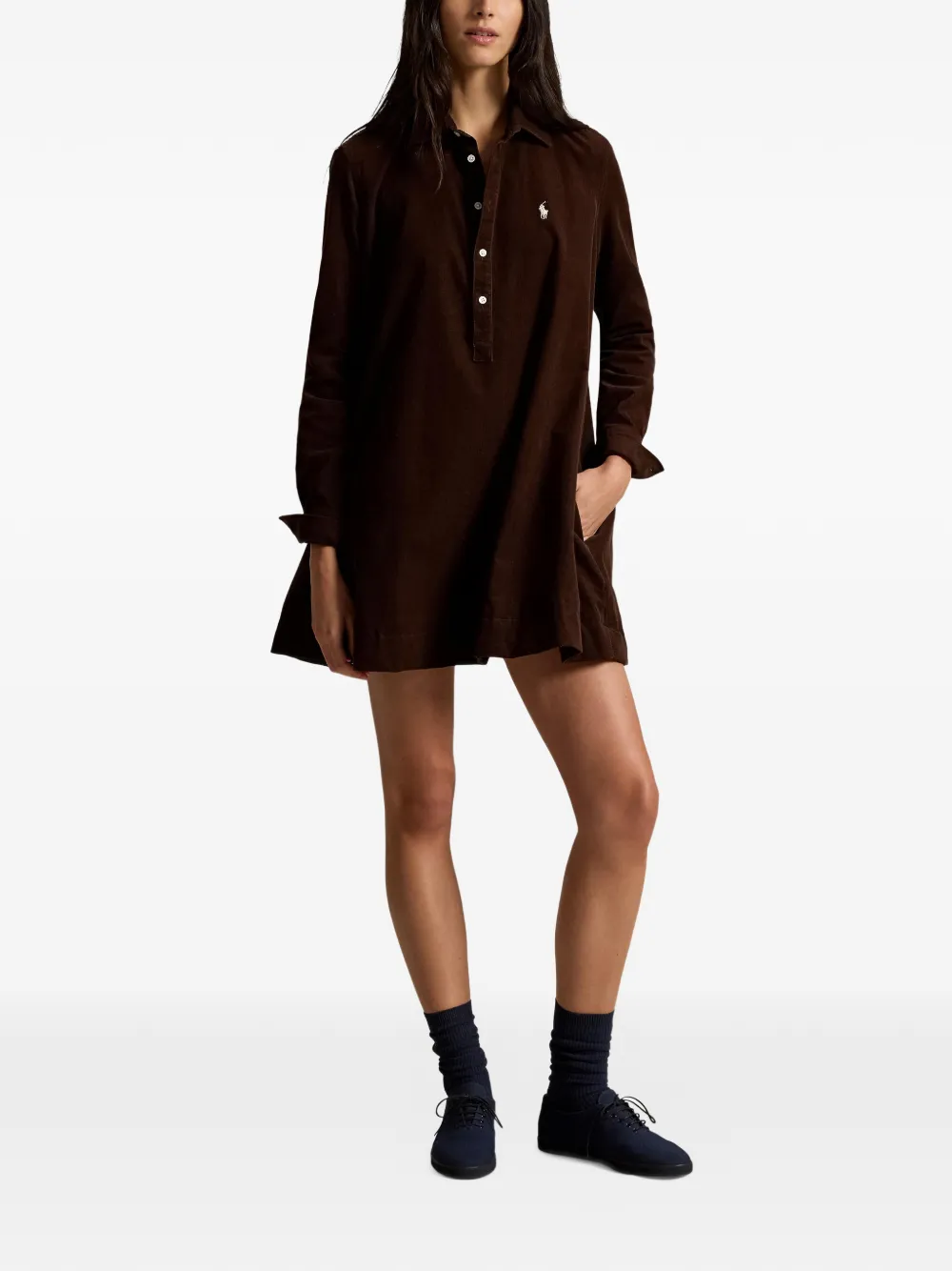 Polo Ralph Lauren Ribfluwelen jurk met lange mouwen Bruin