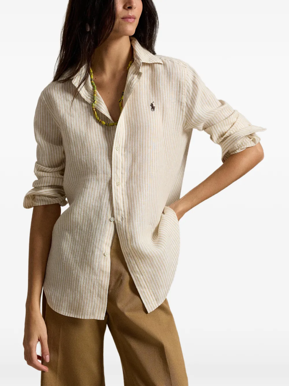Polo Ralph Lauren Classic fit gestreepte linnen blouse Beige
