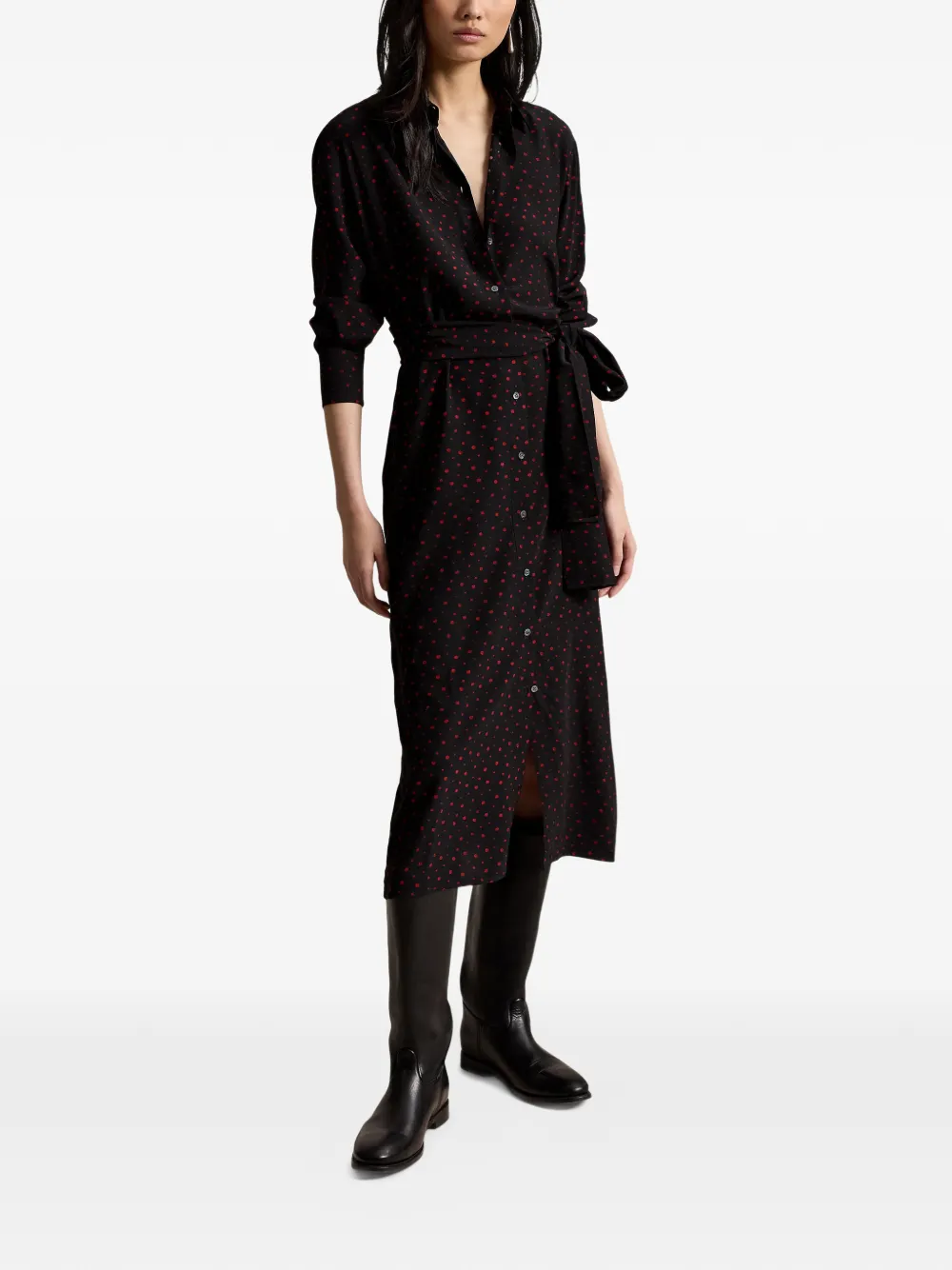 Polo Ralph Lauren Midi-blousejurk met stippen en ceintuur Zwart