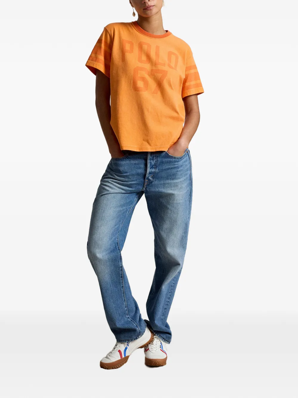 Polo Ralph Lauren T-shirt met gestreepte mouwen en grafische print Oranje