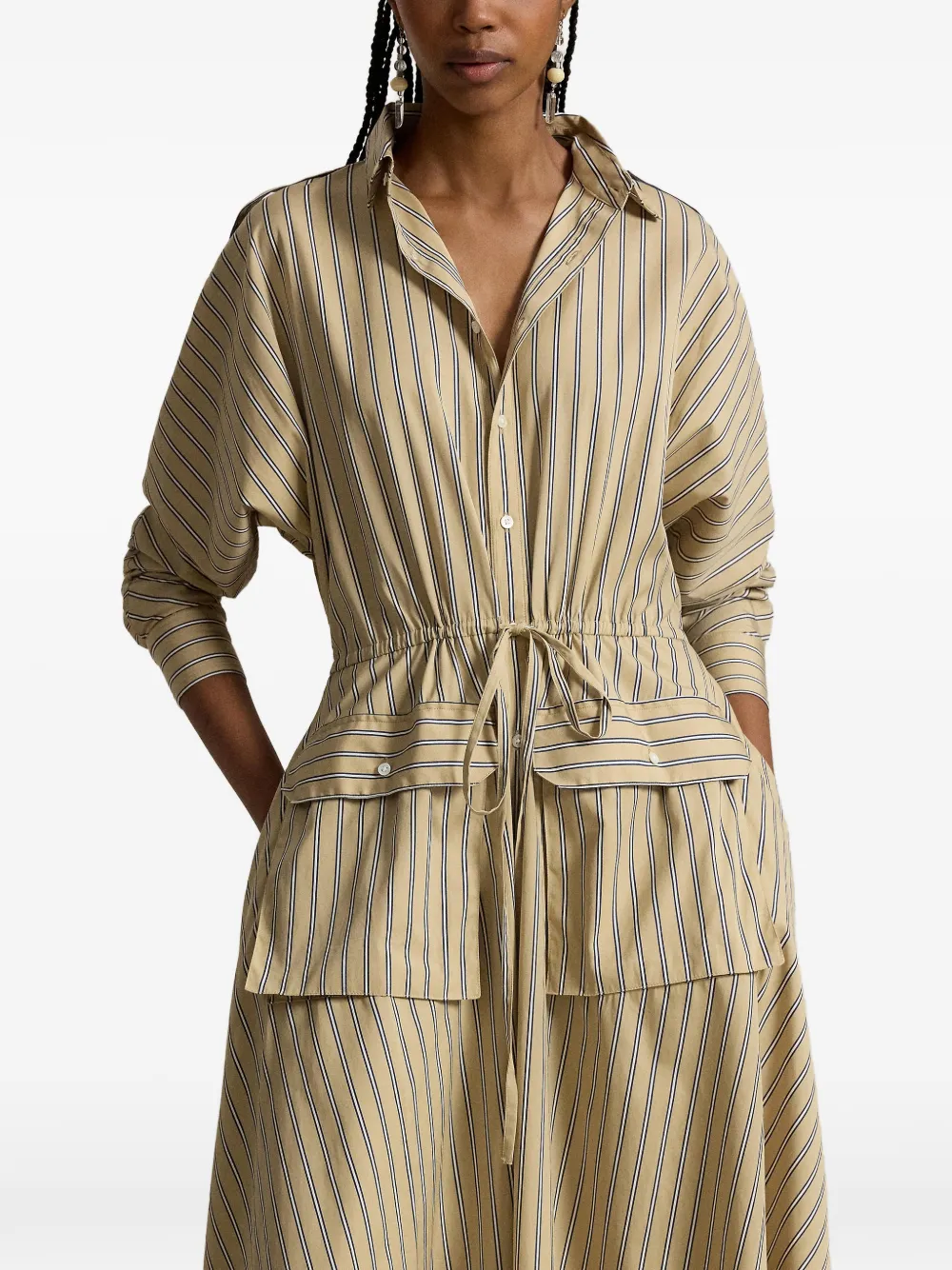 Polo Ralph Lauren Gestreepte blousejurk met trekkoordtaille Beige