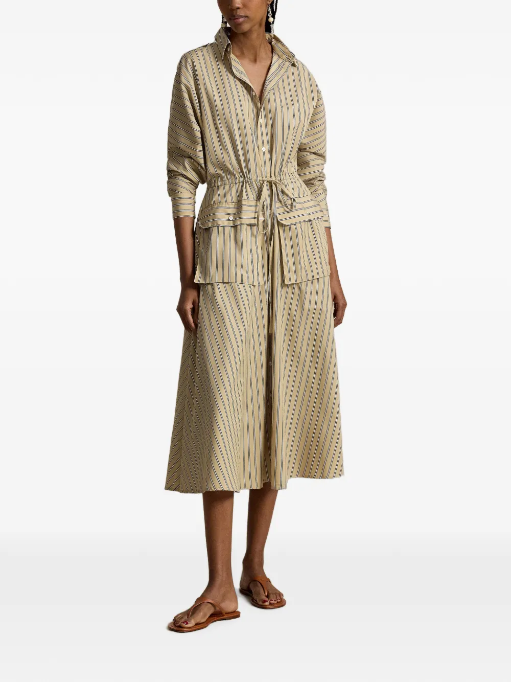 Polo Ralph Lauren Gestreepte blousejurk met trekkoordtaille Beige
