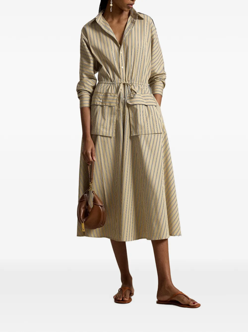 Polo Ralph Lauren Gestreepte blousejurk met trekkoordtaille Beige
