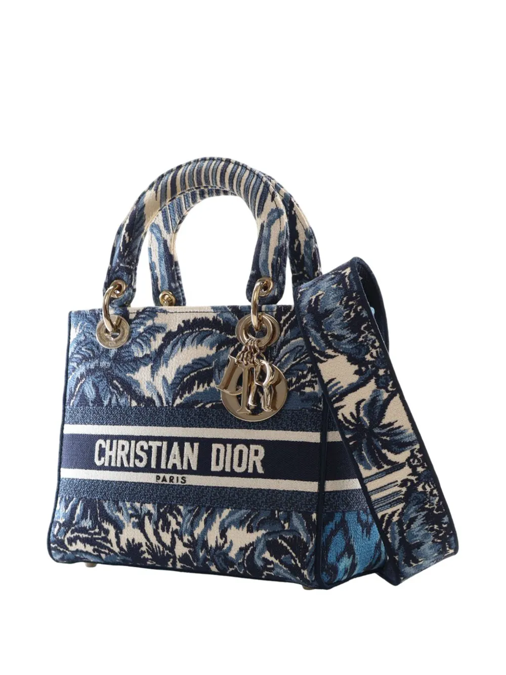  Christian Dior Pre-owned 2021 Medium Embroidered Canvas Palm Tree Toile De Jouy Lady D Lite Satchel - Blue 