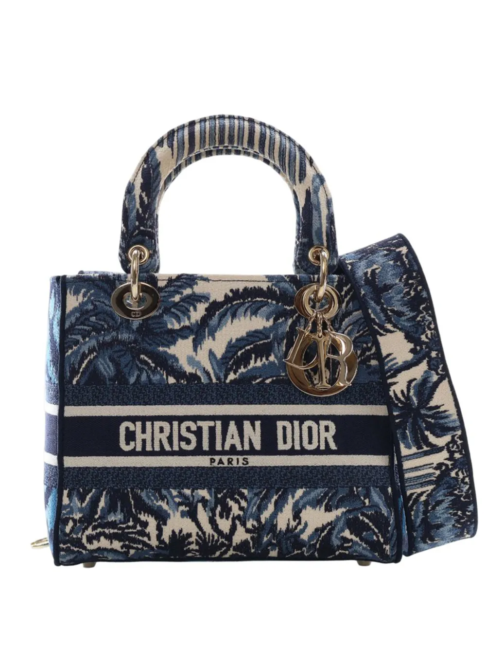 Christian Dior Pre-Owned 2021 Medium Embroidered Canvas Palm Tree Toile De Jouy Lady D Lite satchel - Blu