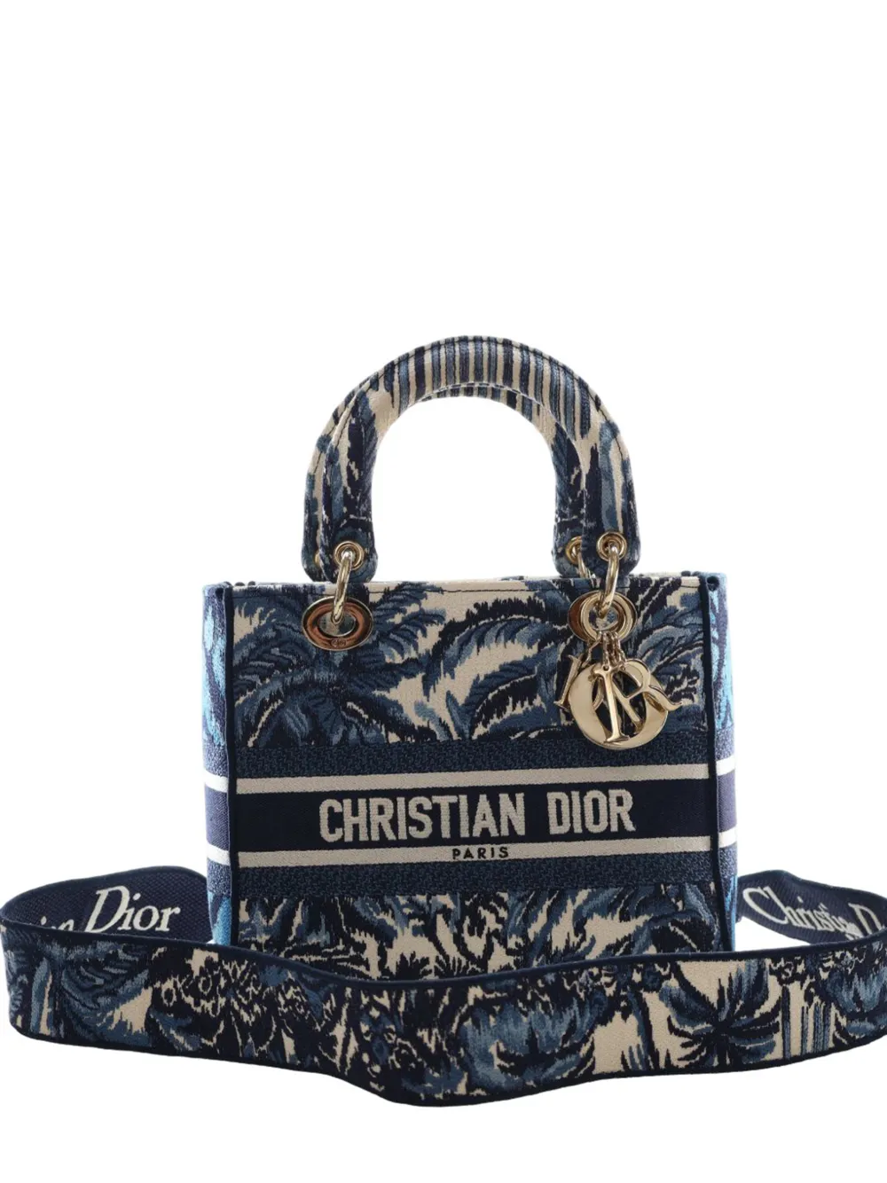  Christian Dior Pre-owned 2021 Medium Embroidered Canvas Palm Tree Toile De Jouy Lady D Lite Satchel - Blue 