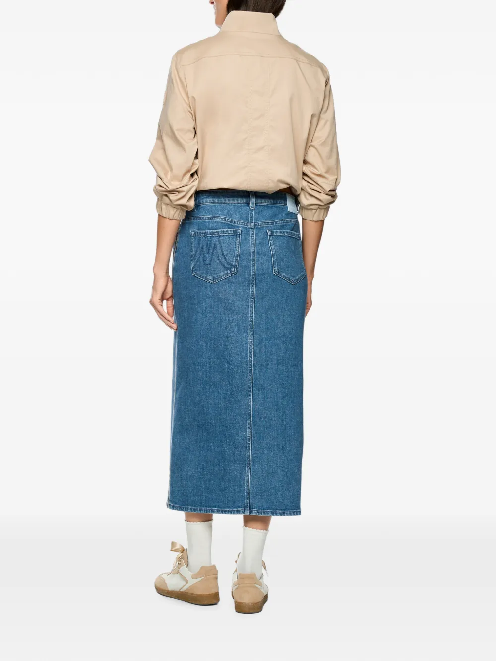 MARCCAIN front-slit logo-patch midi skirt Blauw