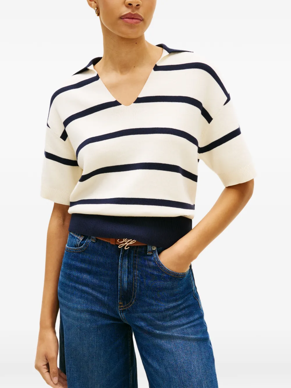  Tommy Hilfiger Striped V-neck Knitted Top - Neutrals 
