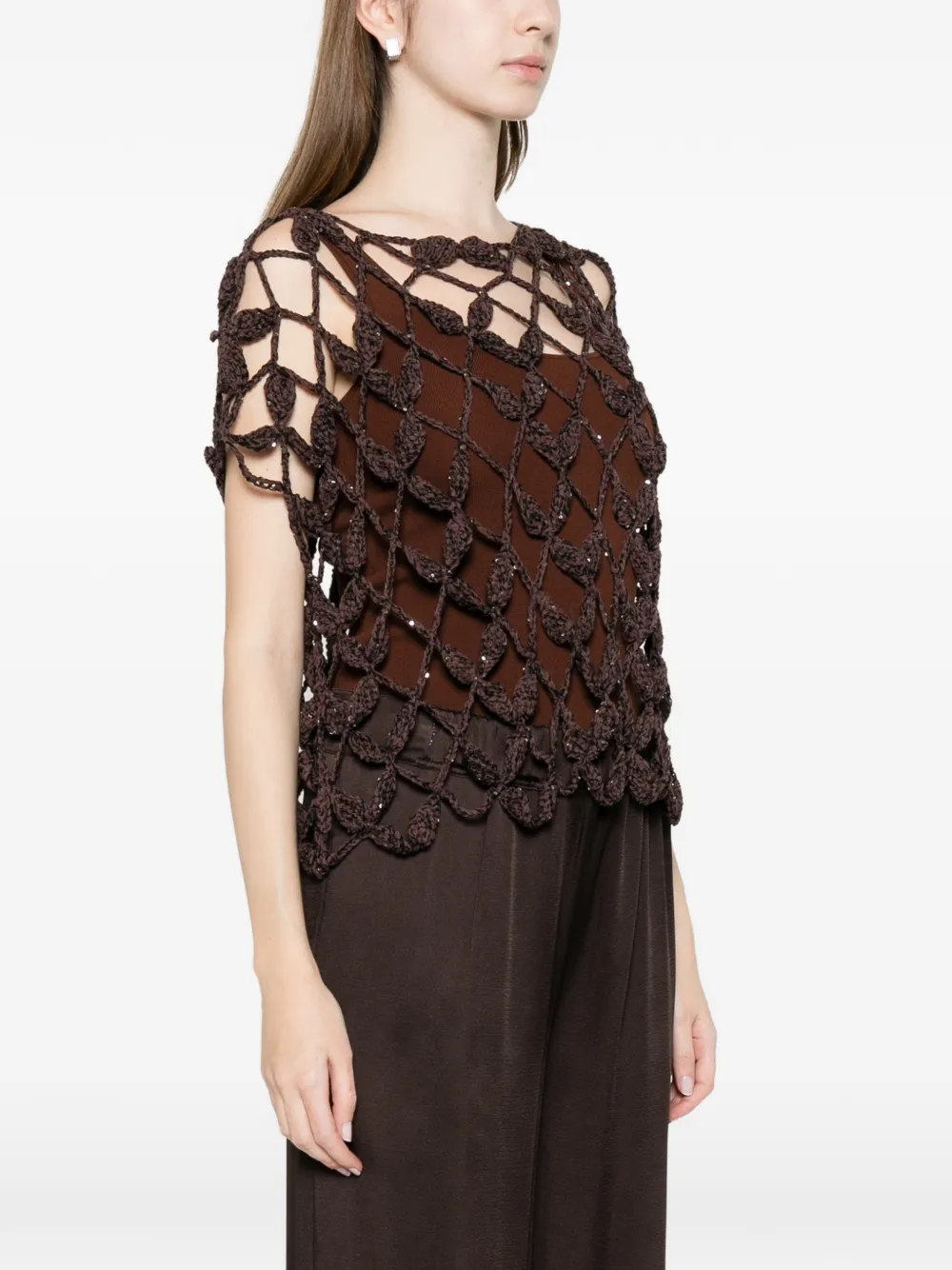  Antonelli Crochet Open Knit Top - Brown 