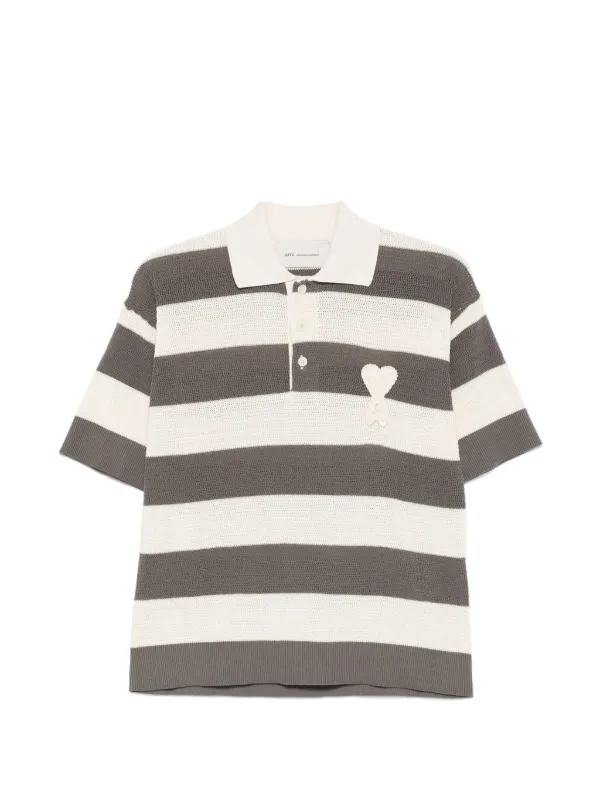Ami Paris Striped Heart Polo Shirt in Grey