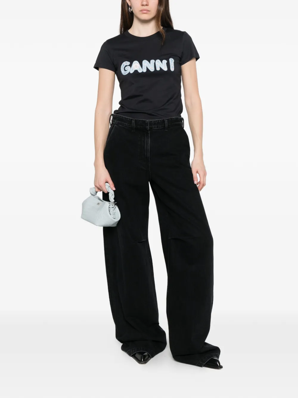 GANNI T-shirt met geborduurd logo Zwart