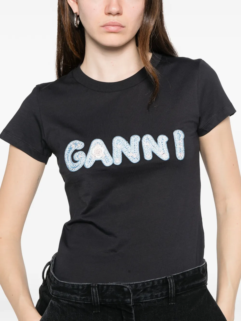 GANNI T-shirt met geborduurd logo Zwart