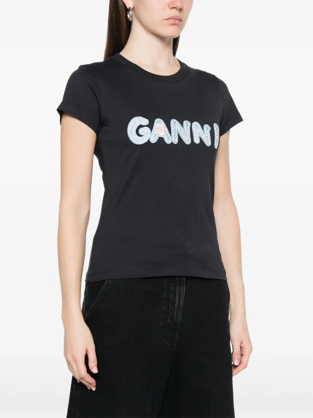 GANNI T-shirt met geborduurd logo Zwart