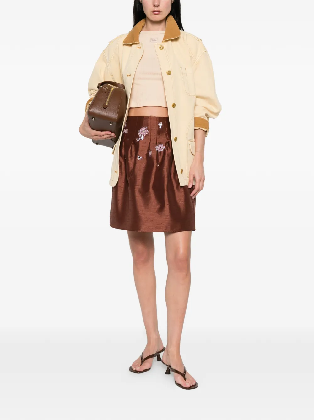  Shushu/tong Floral-embellished Pleated Skirt - Brown 
