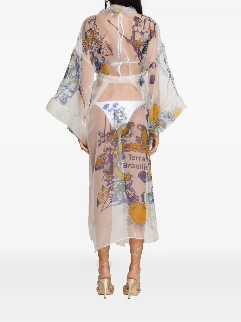 Amir Slama Zijden tuniek met ceintuur en print Beige