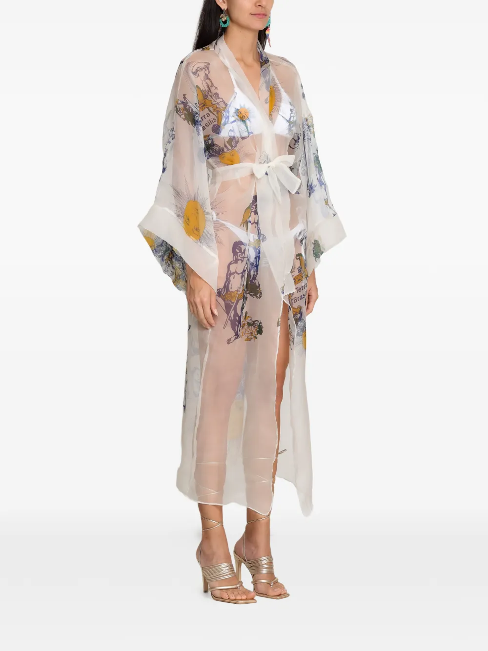 Amir Slama Zijden tuniek met ceintuur en print Beige