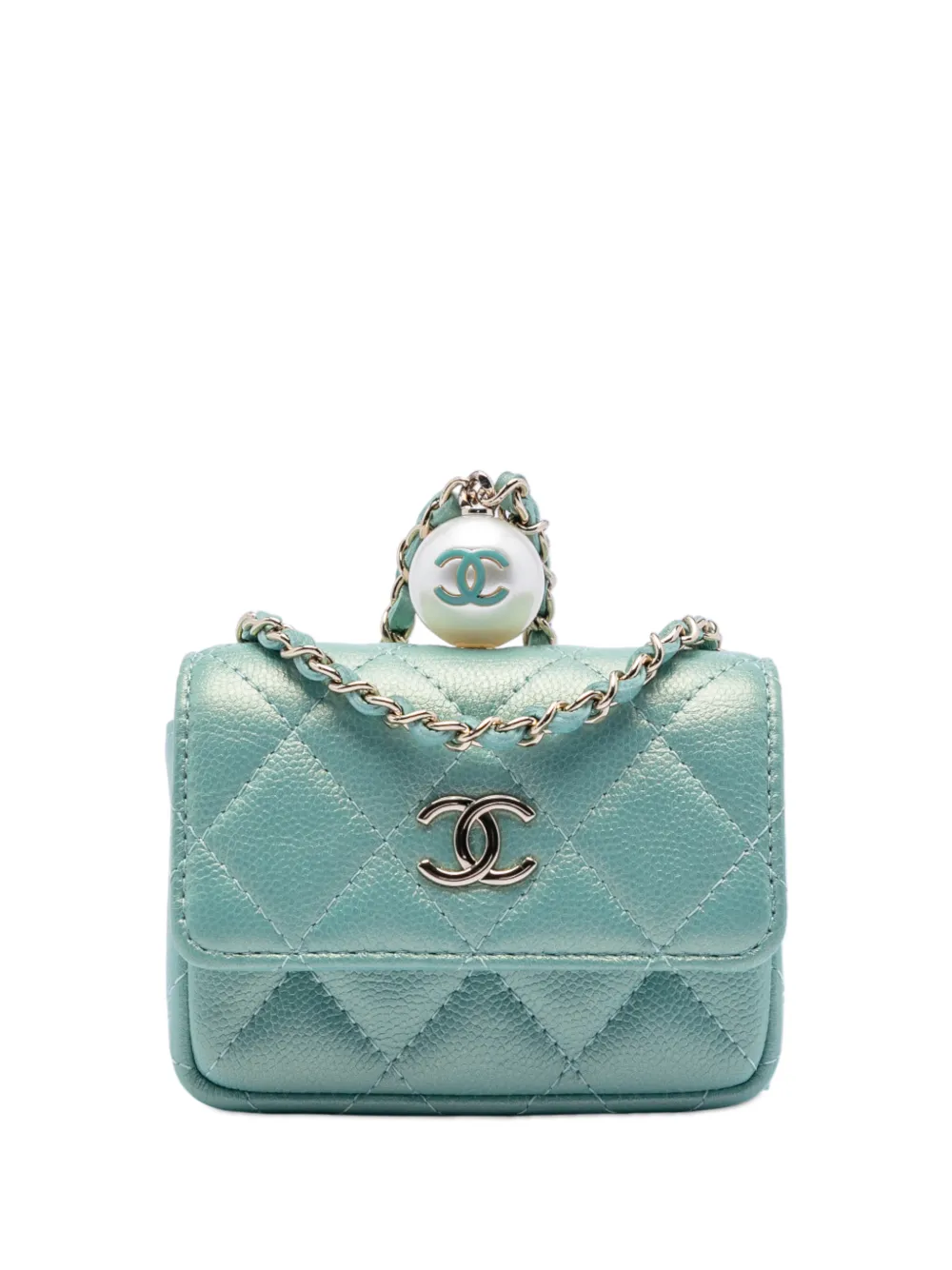 CHANEL Pre-Owned 2021 Iridescent Caviar Pearl On Top Coin Purse With Chain crossbody bag - Verde
