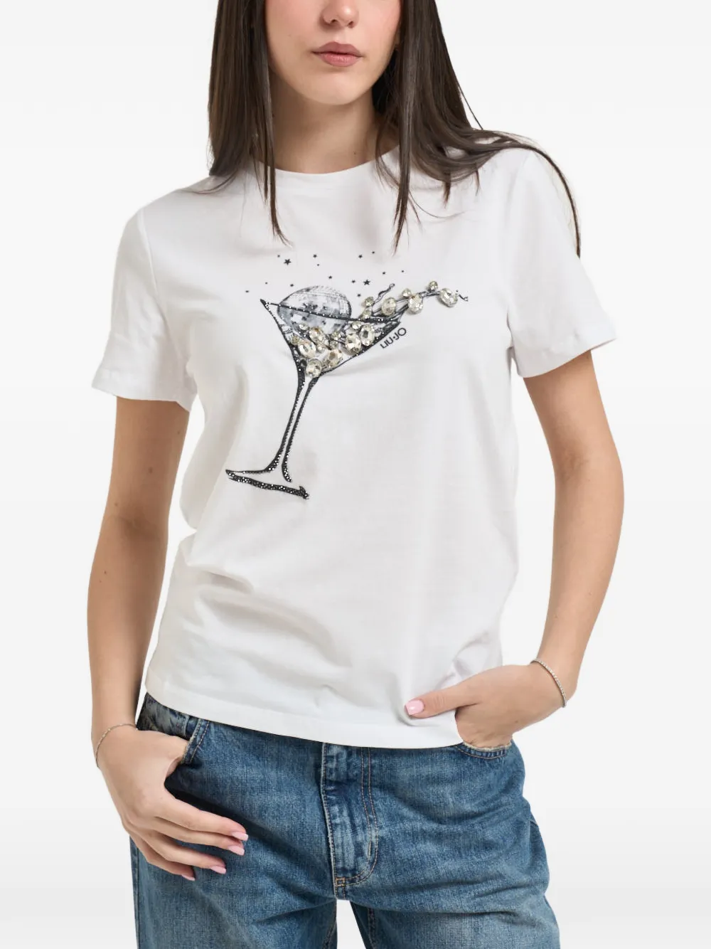 LIU JO crystal-embellished cocktail-print T-shirt - Bianco