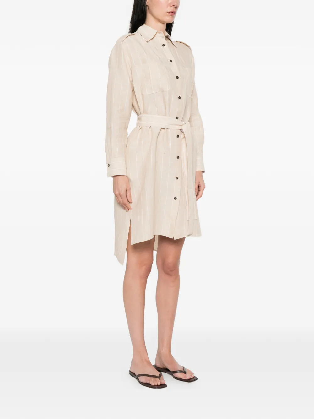  Kiton Striped Belted Shirt Dress - Neutrals 