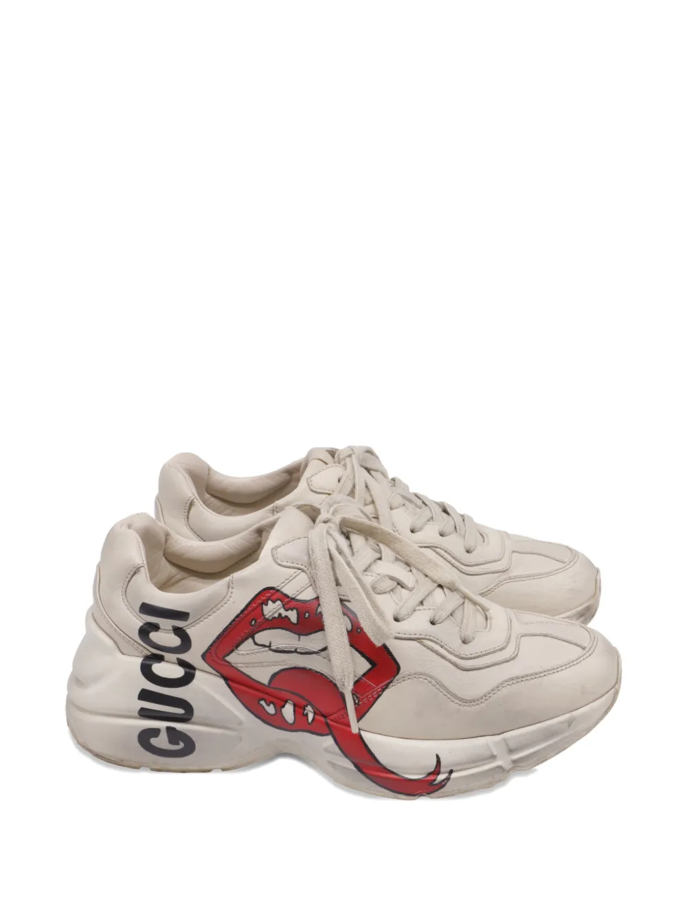 Gucci Pre-Owned Rhyton Mouth-Print lace-up leather sneakers - Toni neutri