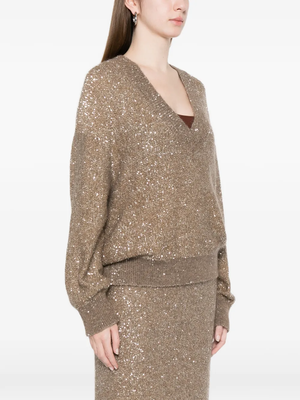  Brunello Cucinelli Sequin V-neck Sweater - Brown 