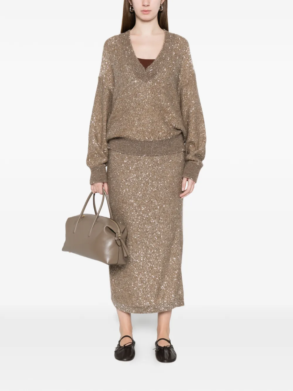  Brunello Cucinelli Sequin V-neck Sweater - Brown 