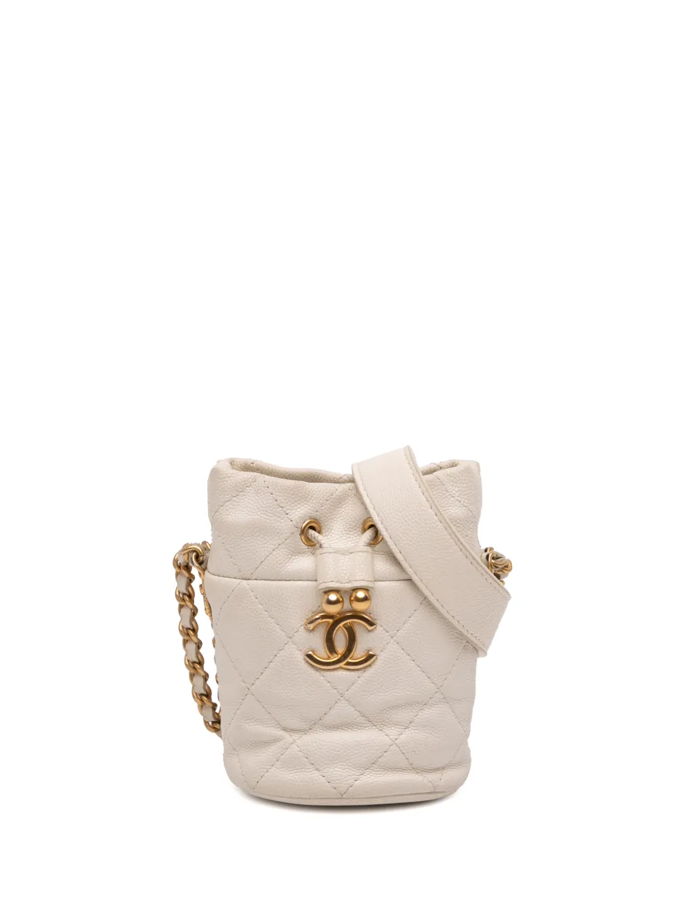 CHANEL Pre-Owned 2021-2025 Mini Quilted Caviar Twist Your Buttons Drawstring bucket bag - Bianco