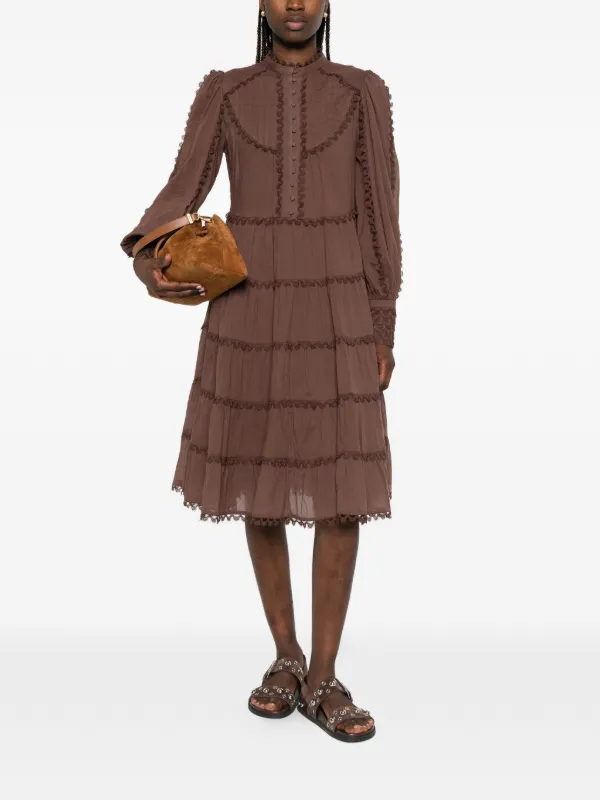 brown tiered midi dress Smocked Tiered Midi Dress With Puff Sleeves Brown / L