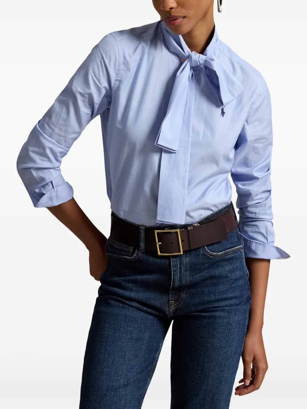 Polo Ralph Lauren Slim-fit katoenen blouse met gestrikte hals Blauw
